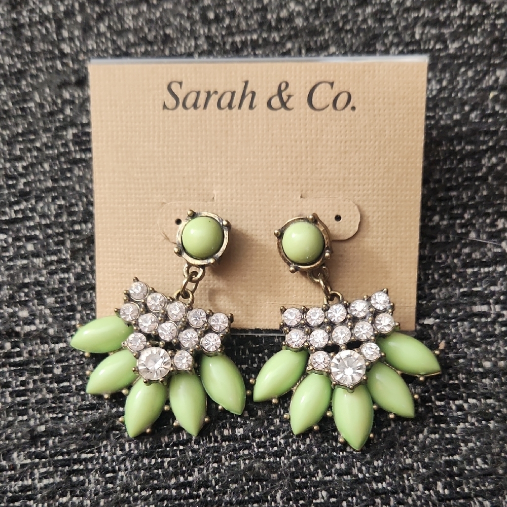 Rhinestone And Green Earrings, NEW